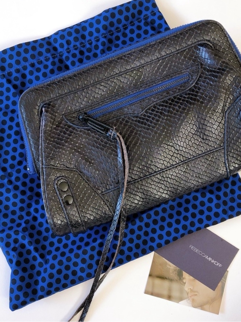 Rebecca Minkoff Black Textured Leather Wristlet with Blue Accent- One Of a Kind